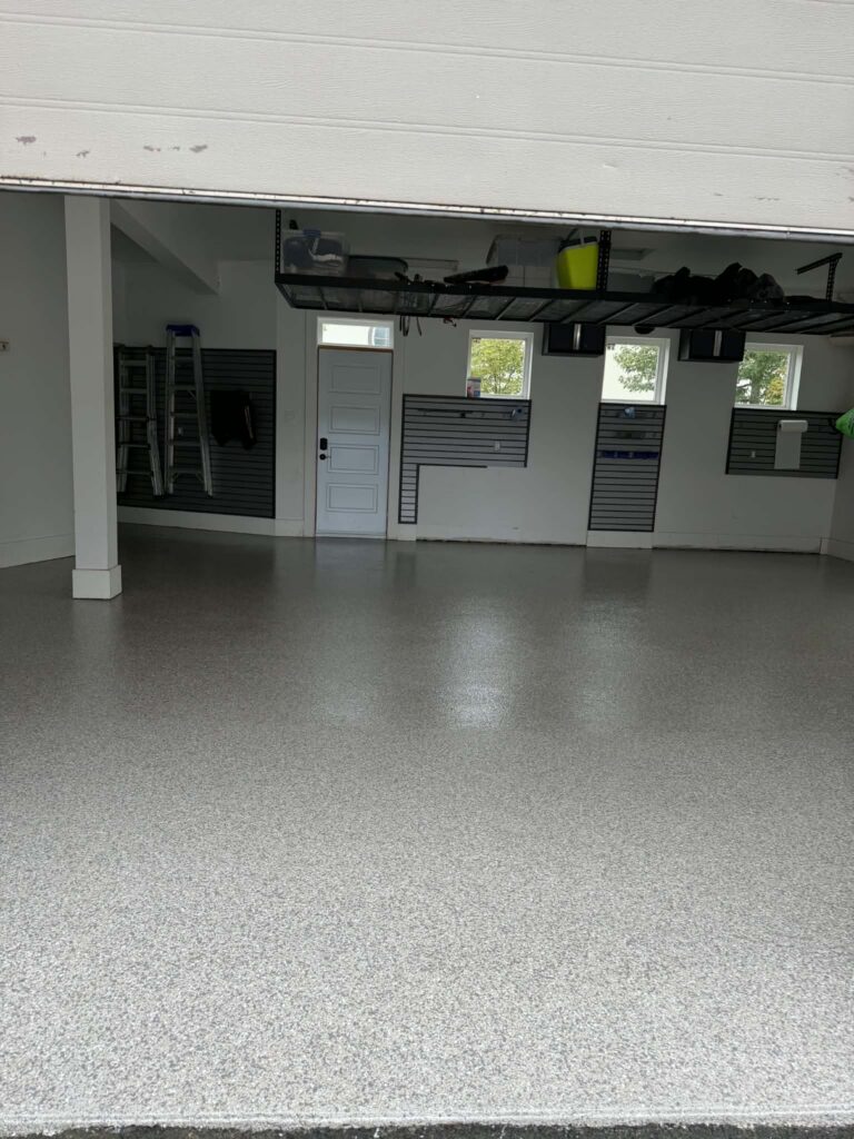 Madras flake polyurea garage floor in an Antigonish, Nova Scotia garage